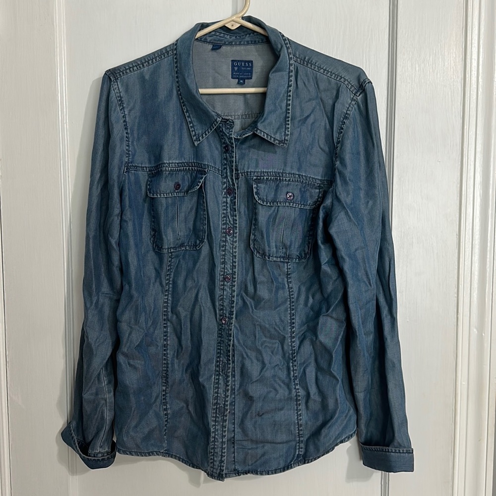 Guess, Denim Button Down Silky Shirt Size XL
